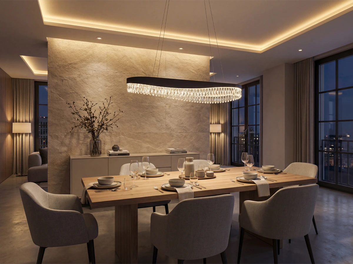 Leuchten mit Kristalldetails und kontrastreicher Ausführung, die dem Raum einen markanten visuellen Effekt verleihen.