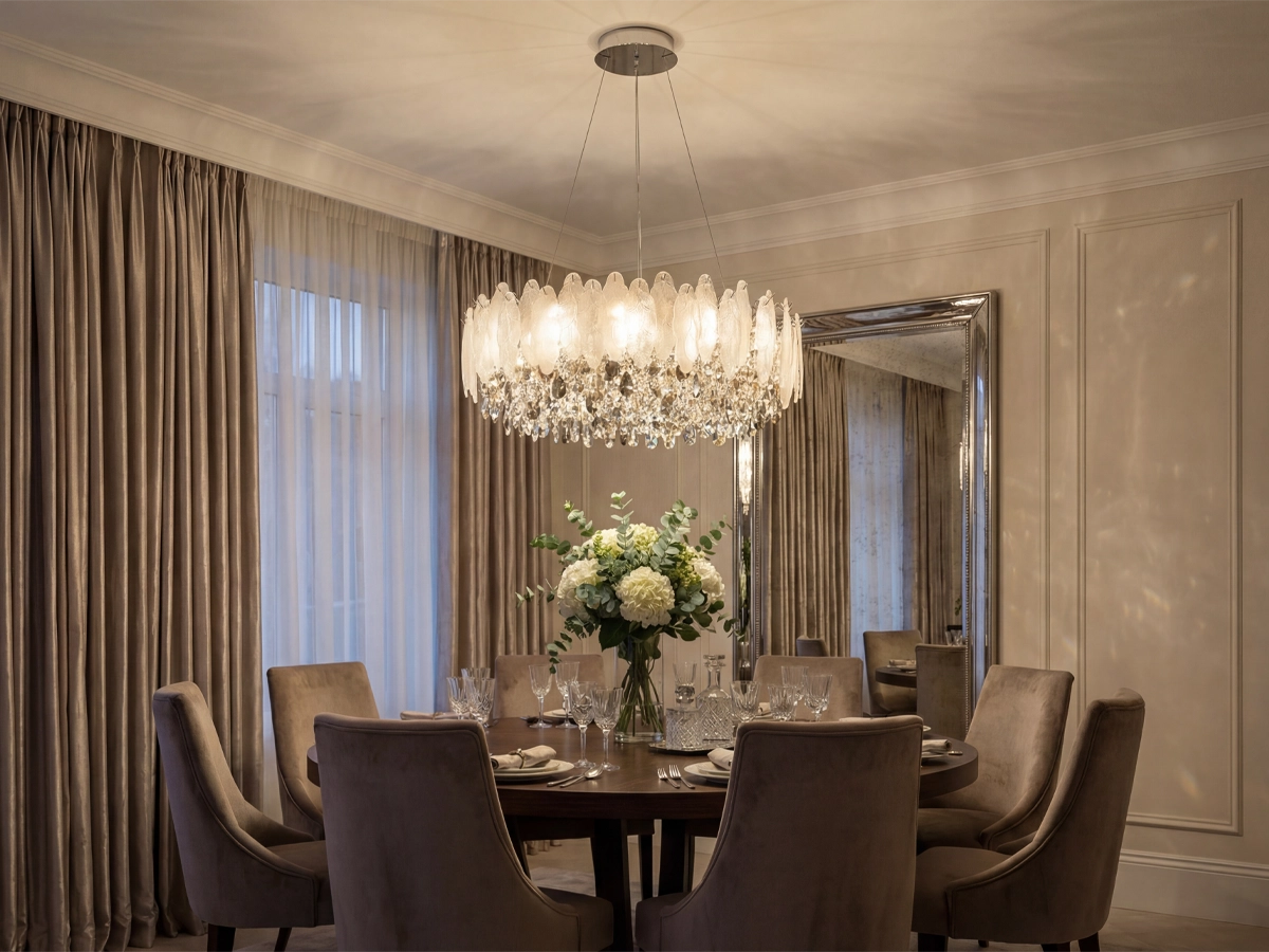 Beleuchtung mit reichhaltigen Details und Kristallelementen, die die Eleganz und Atmosphäre des Interieurs unterstreicht.